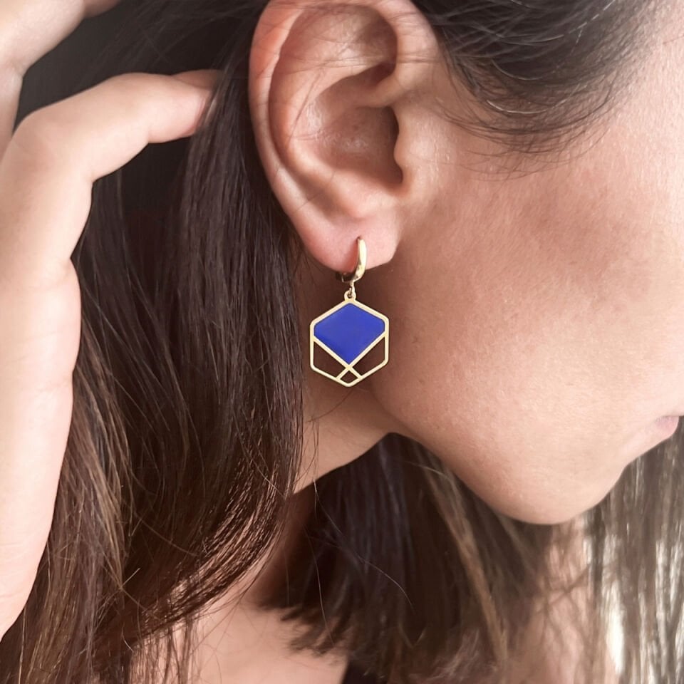 Altıgen Mineli Geometrik Küpe
