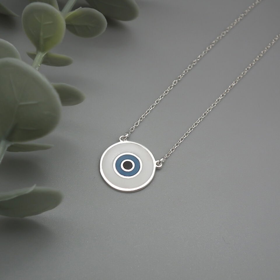 Beyaz Nazar Boncuğu Gümüş Kolye