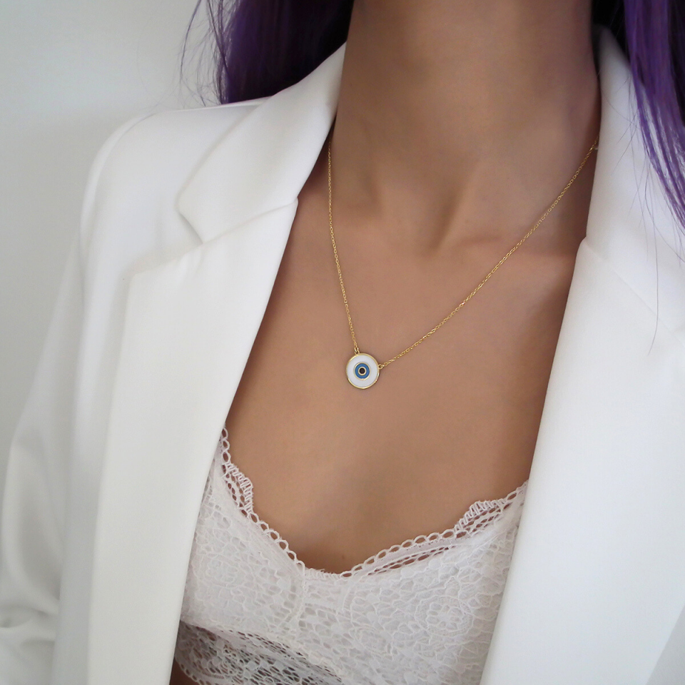 Beyaz Nazar Boncuğu Gümüş Kolye