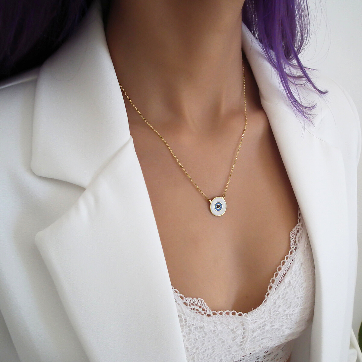 Beyaz Nazar Boncuğu Gümüş Kolye