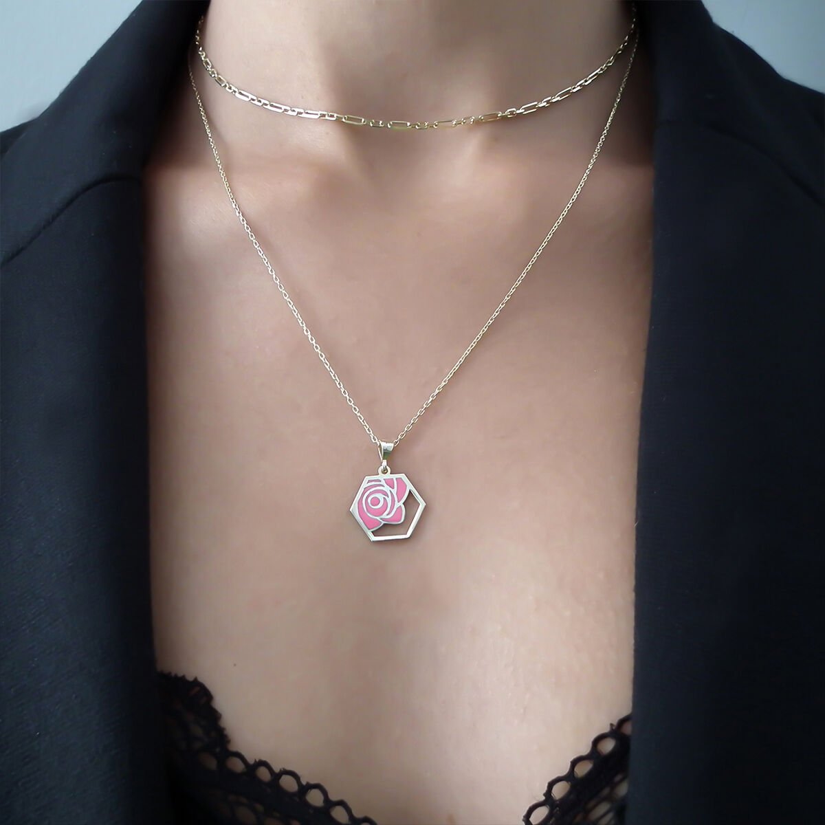 Altıgen Gül Gümüş Kolye