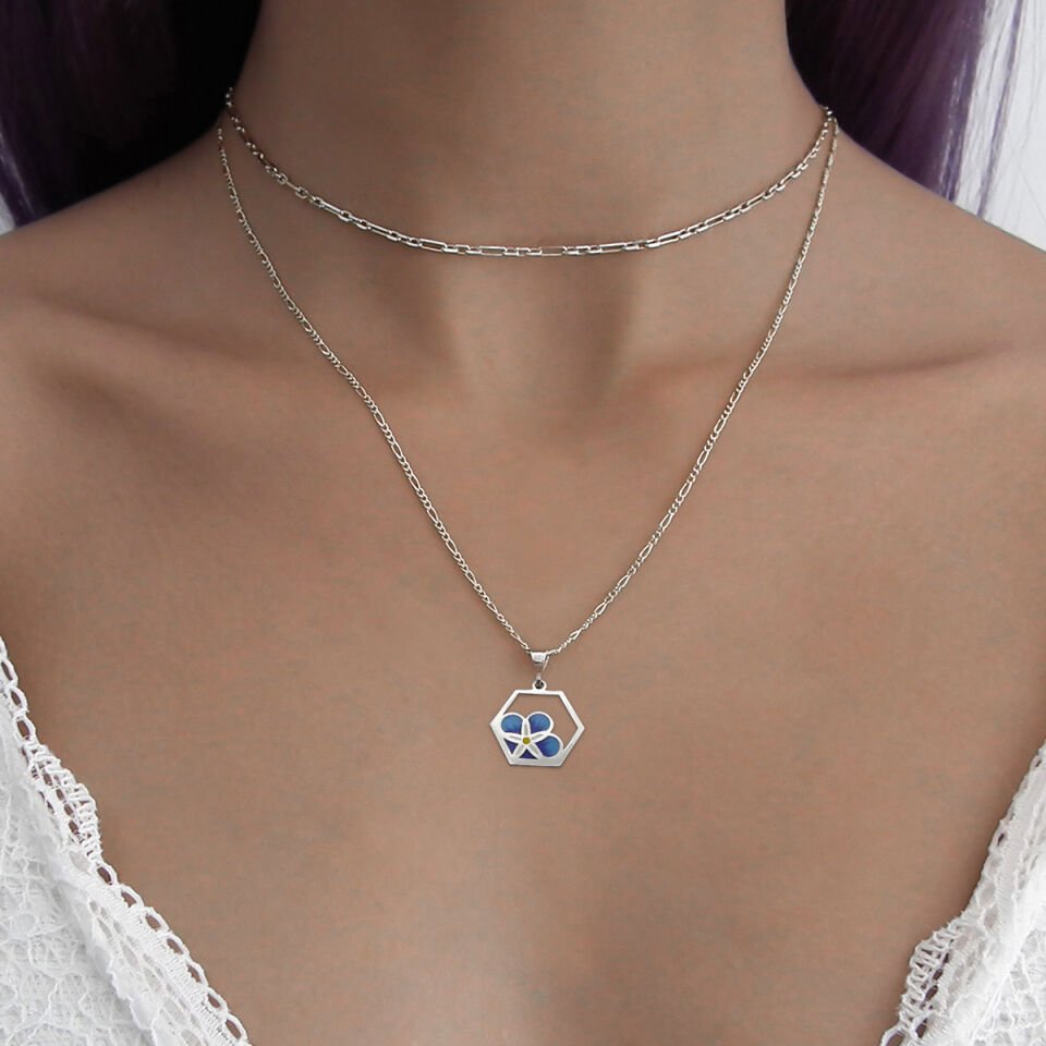 Altıgen Forget Me Not Gümüş Kolye