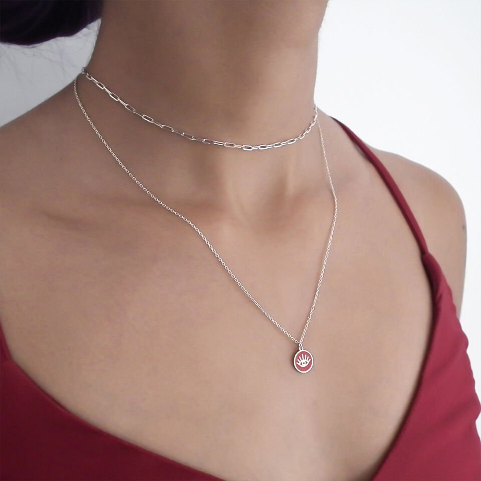 Kırmızı Mineli Tiny Göz Gümüş Kolye