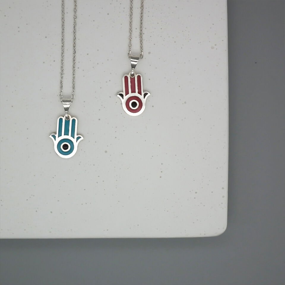 Kırmızı Hamsa Gümüş Kolye