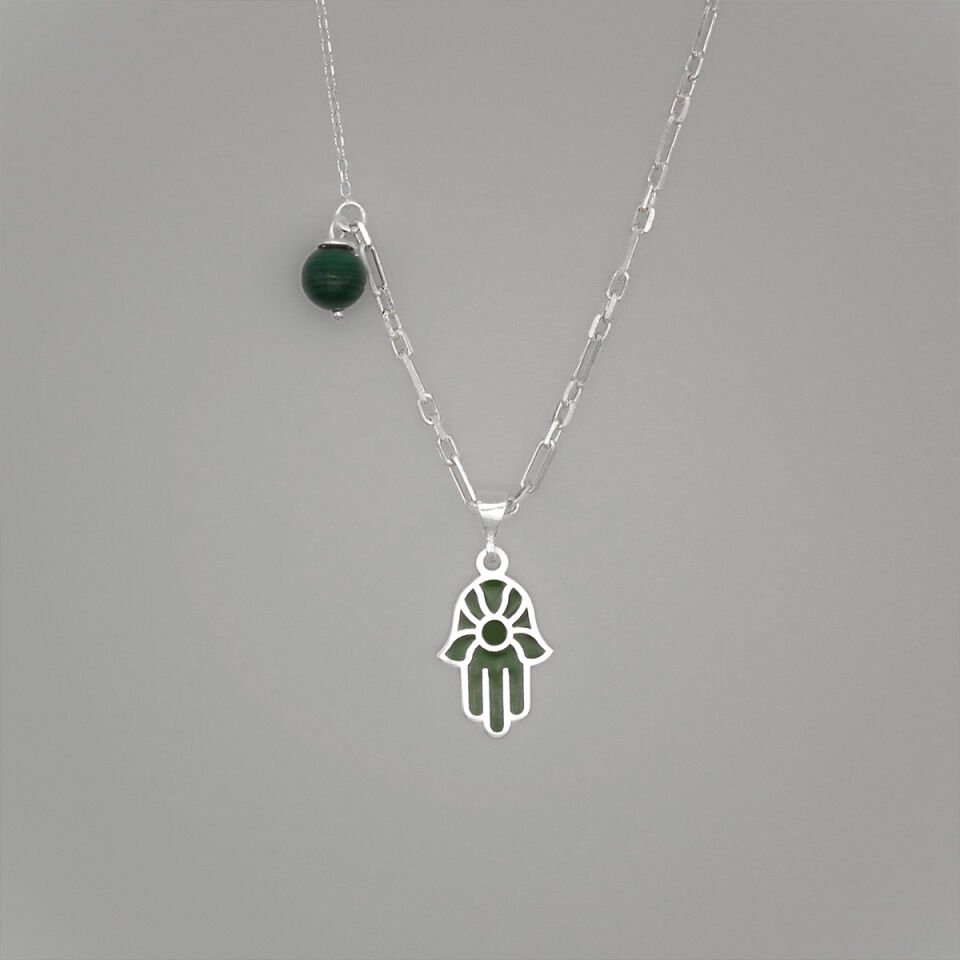 Mineli Malakit Hamsa Gümüş Kolye
