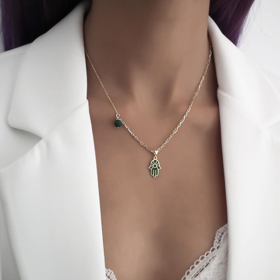 Mineli Malakit Hamsa Gümüş Kolye