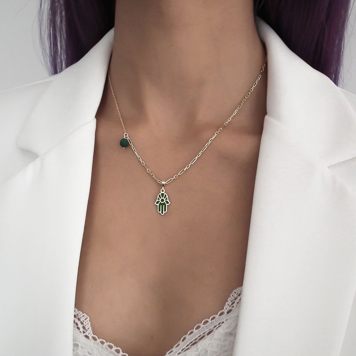 Mineli Malakit Hamsa Gümüş Kolye