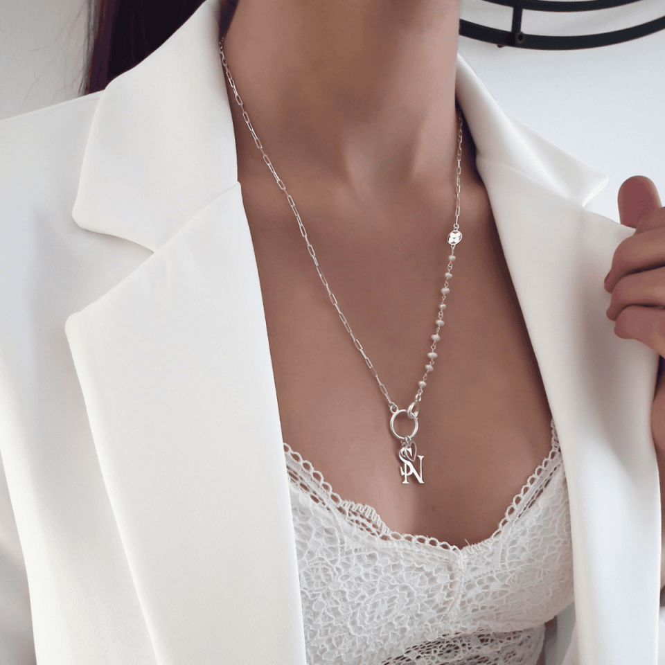 İkili Harf ve Kalp İncili Gümüş Kolye