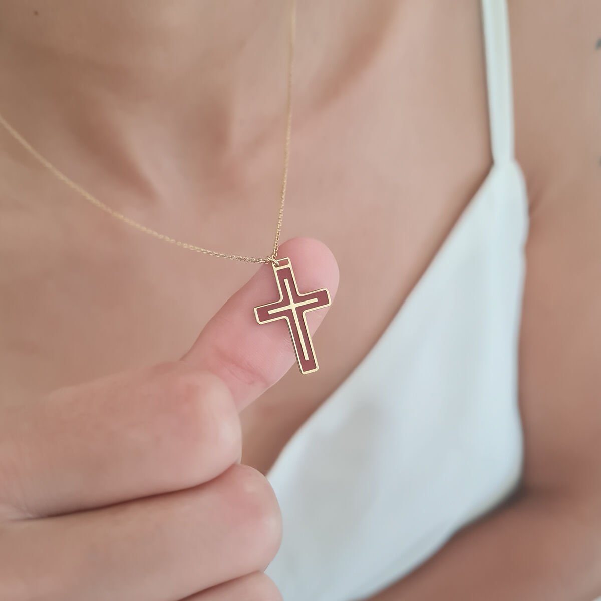 Bordo Haç Gümüş Kolye