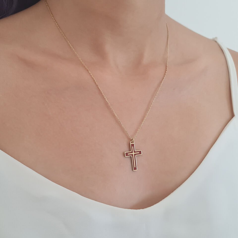 Bordo Haç Gümüş Kolye