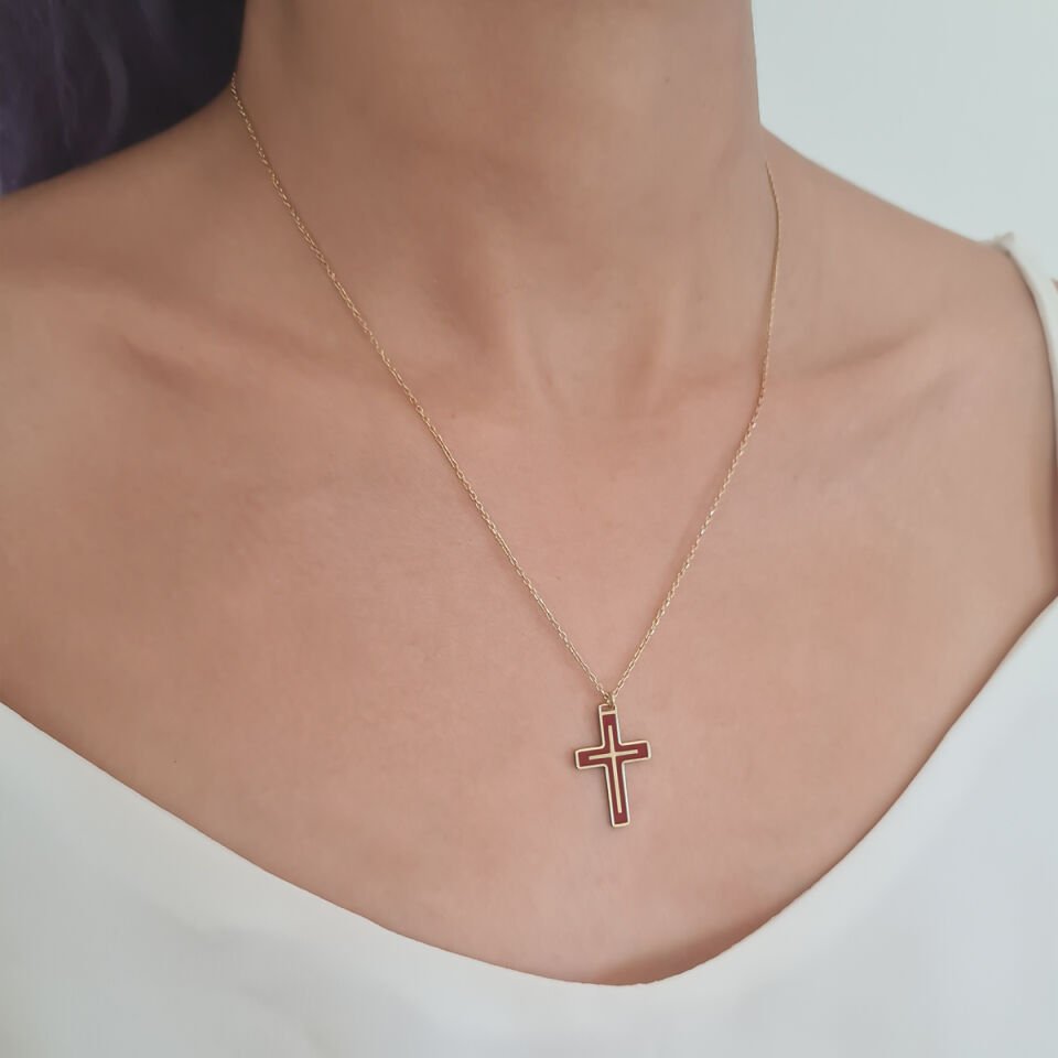 Bordo Haç Gümüş Kolye