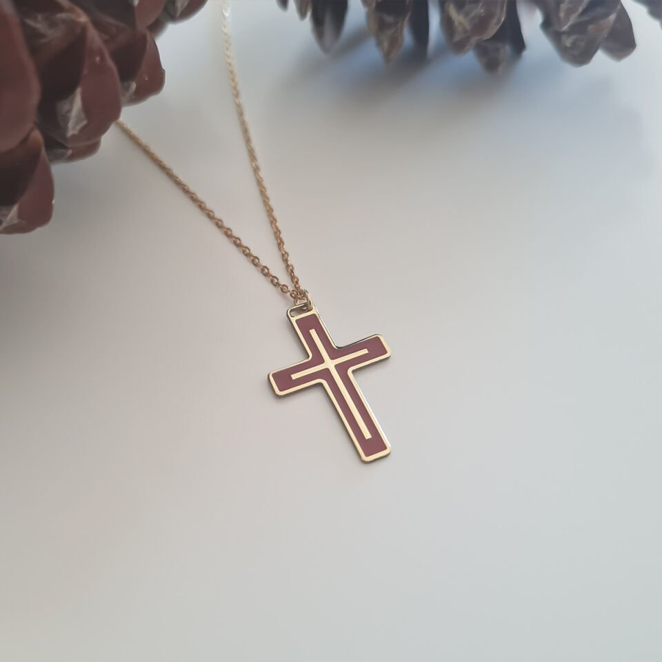 Bordo Haç Gümüş Kolye