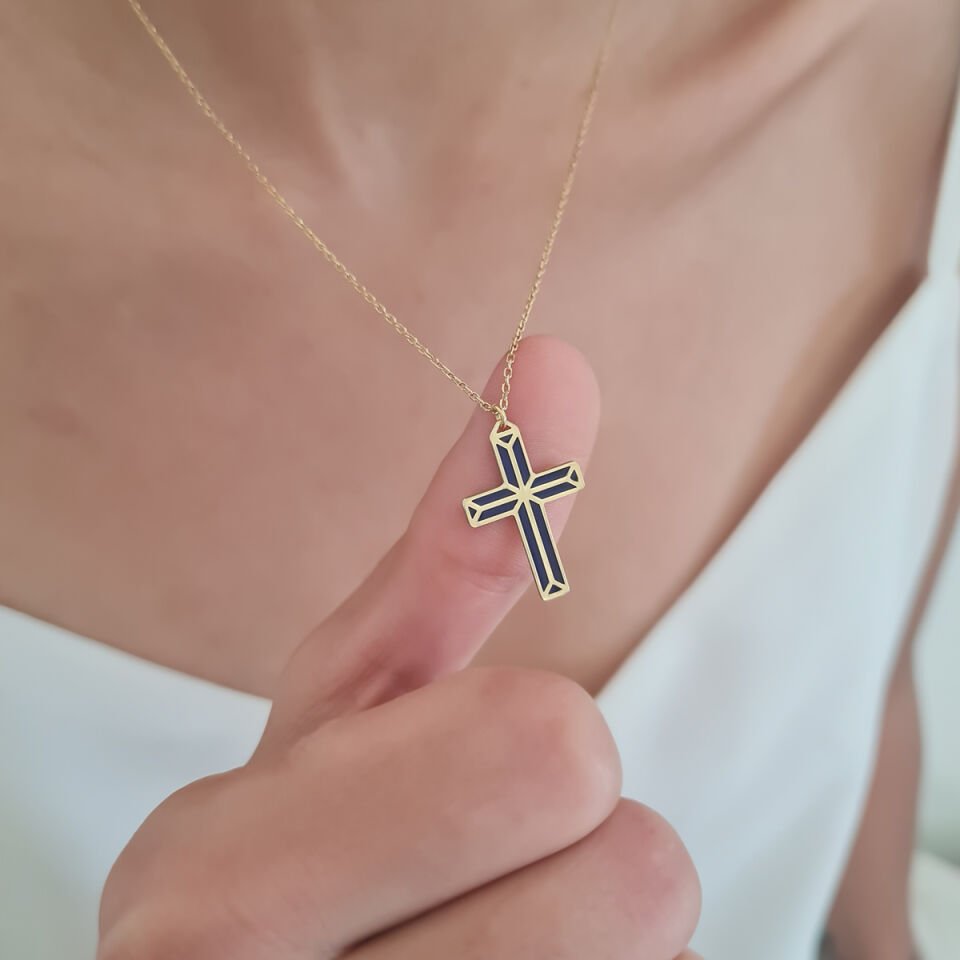 Lacivert Haç Gümüş Kolye