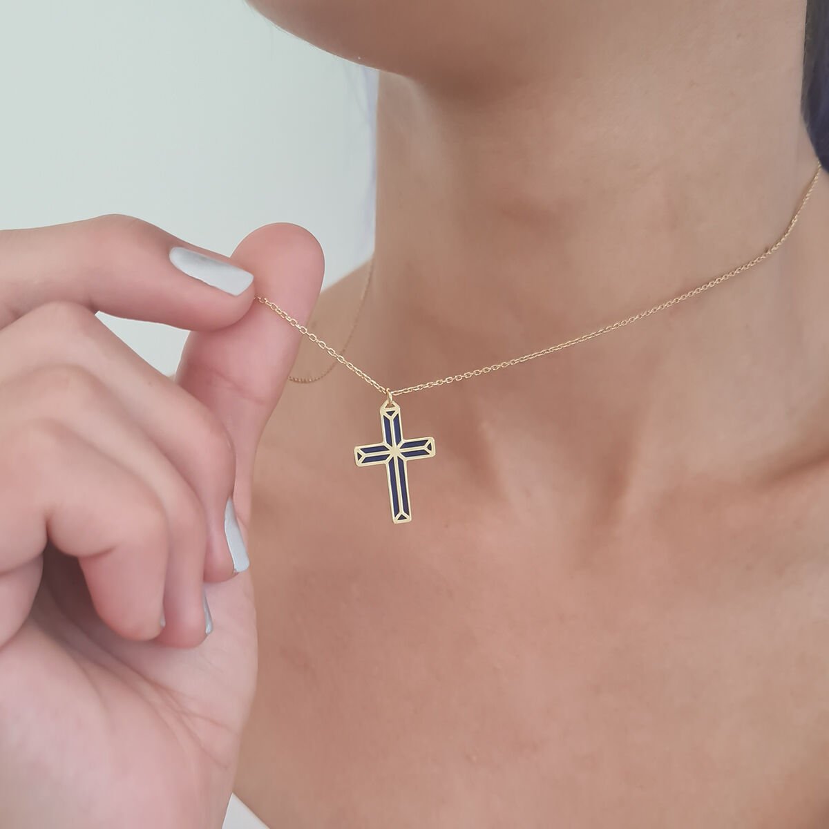 Lacivert Haç Gümüş Kolye