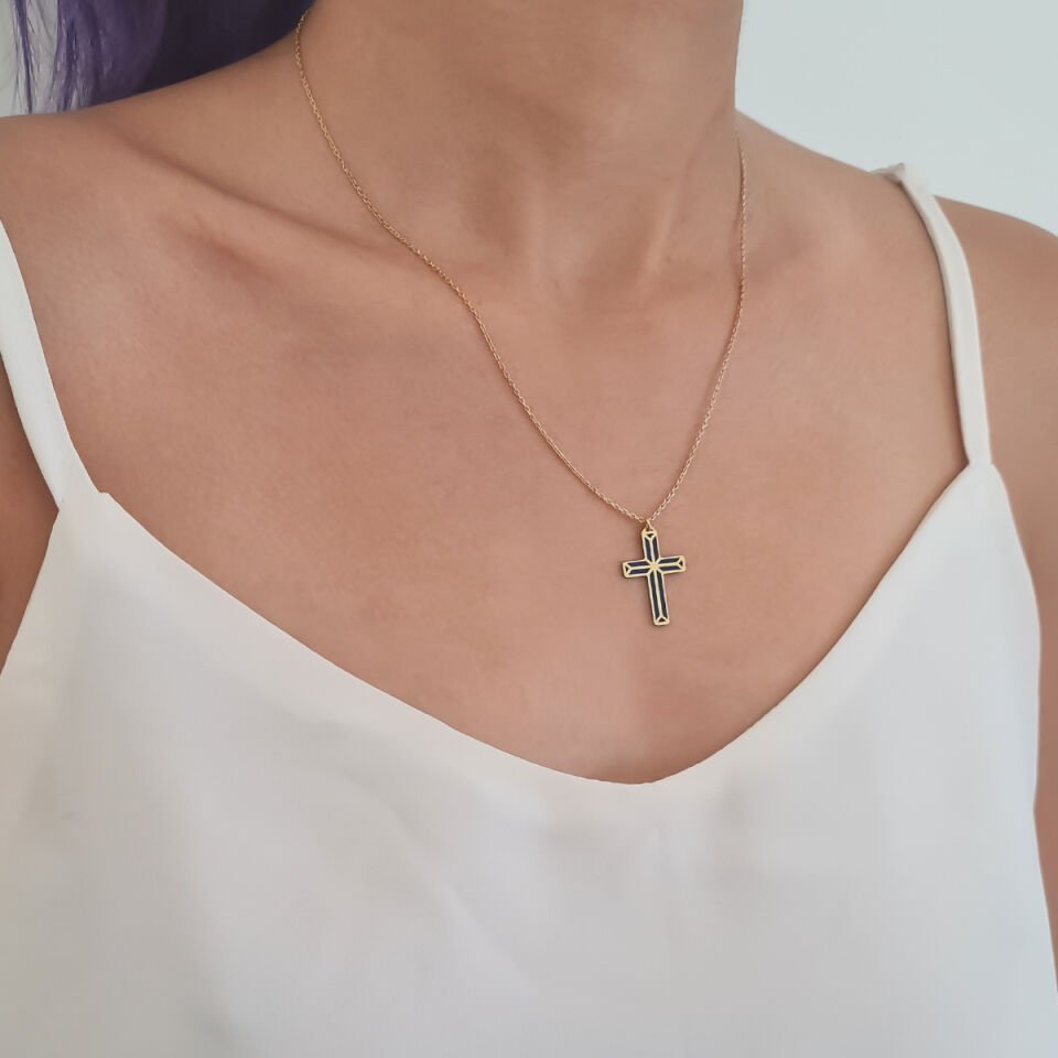 Lacivert Haç Gümüş Kolye