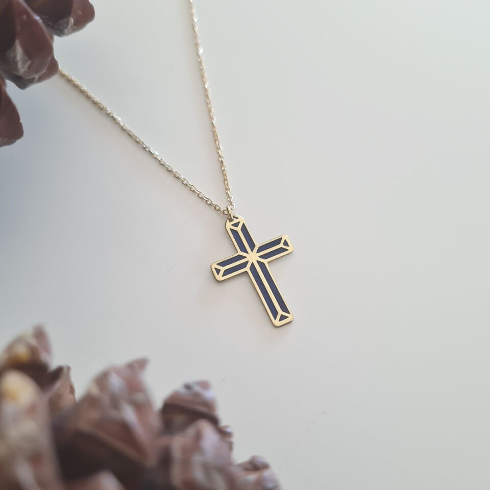 Lacivert Haç Gümüş Kolye