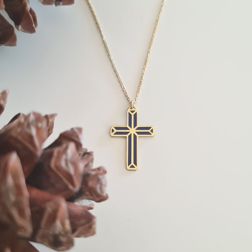 Lacivert Haç Gümüş Kolye