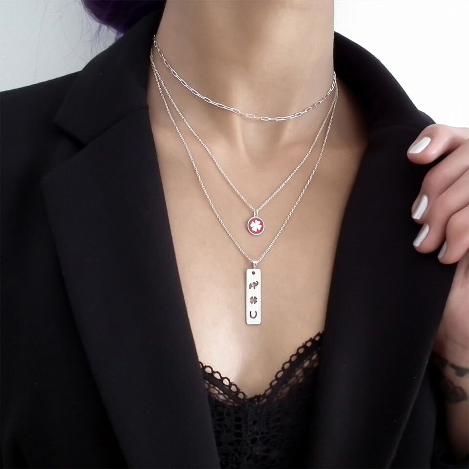 Kırmızı Mineli Tiny Yonca Gümüş Kolye